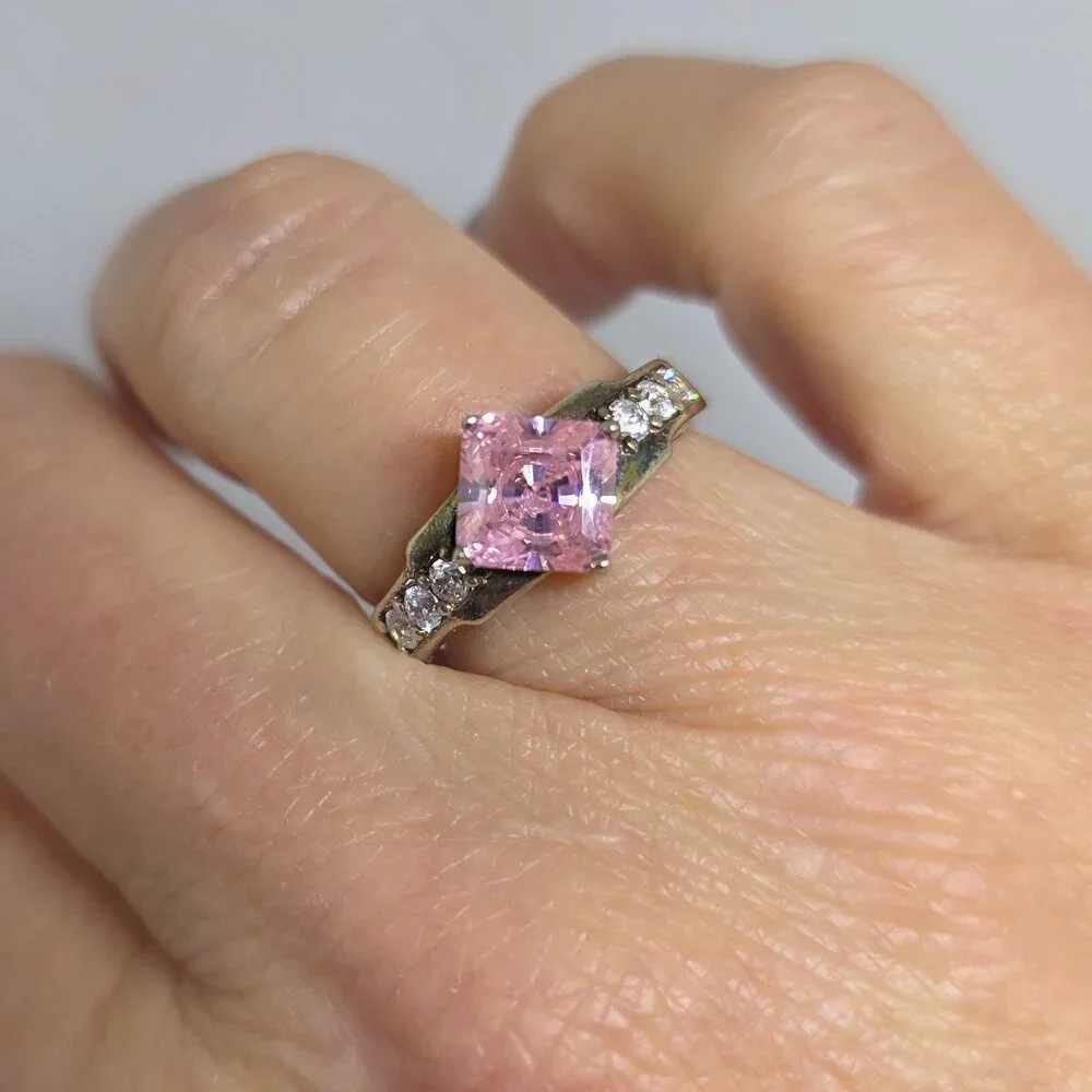 Vintage Sterling Silver Ring with Princess Cut Pink Solitaire Cubic Zirconia